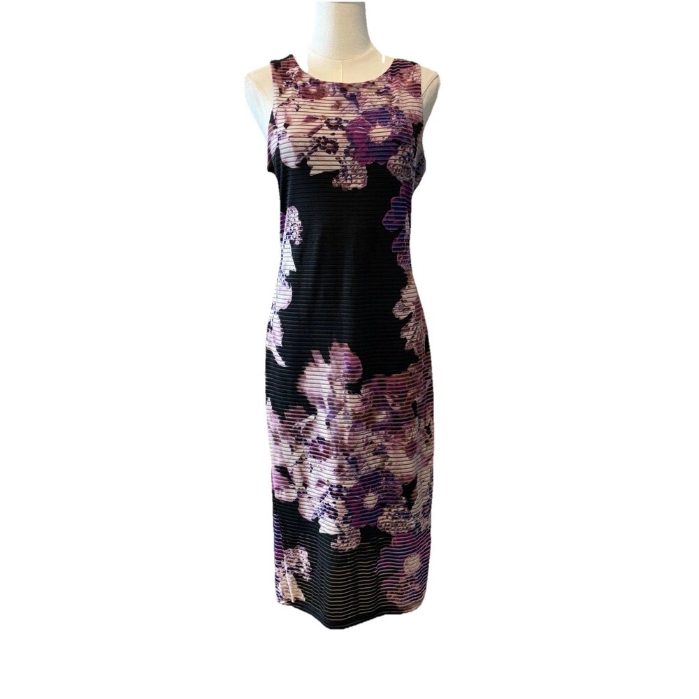 Floral Sheath Dress 6-8 Sleeveless Round Neck Midi Back Zip Stretch Date Night